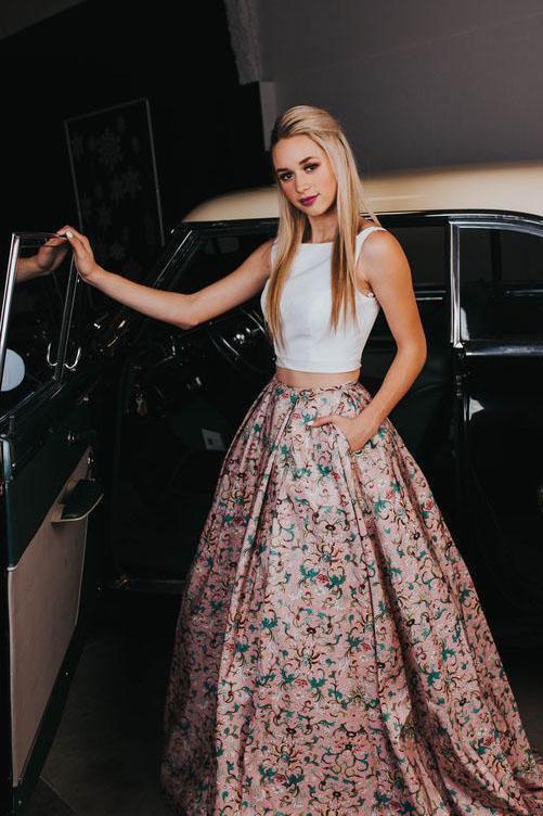 A Line Two Piece Floral Print Beautiful Prom Dresses with Pockets Evening Dresses WK322