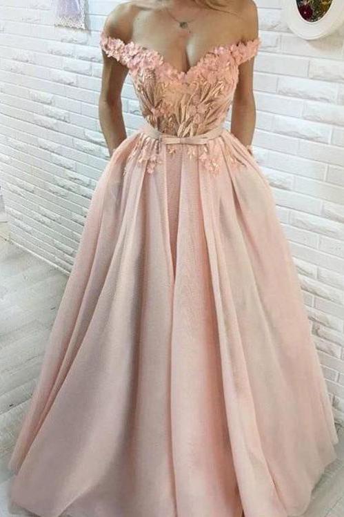 A Line Hand-Made Flower Long Off the Shoulder Sweetheart Prom Dresses with Pockets WK256