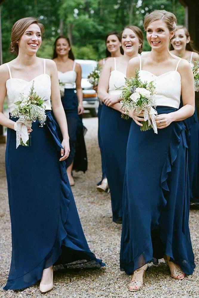 A-Line Spaghetti Straps Dark Blue Chiffon Bridesmaid Dresses With Ruffles Sweetheart WK344
