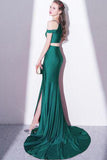 2022 Elegant Green Off Shoulder Two-Piece Slit Mermaid Bateau Prom Dresses WK390