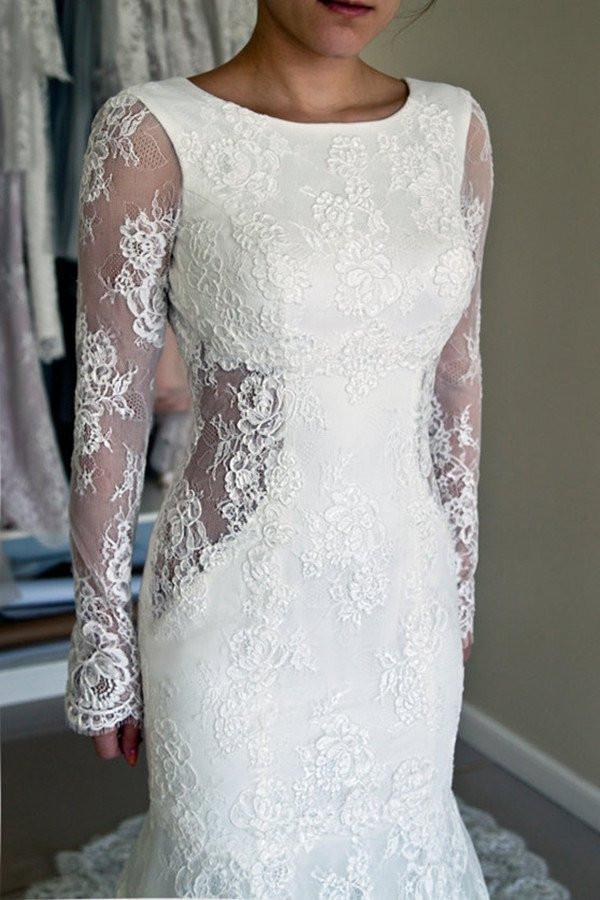 Long Sleeves Open Back Lace Appliques Scoop Mermaid Long Beach Wedding Dresses WK844