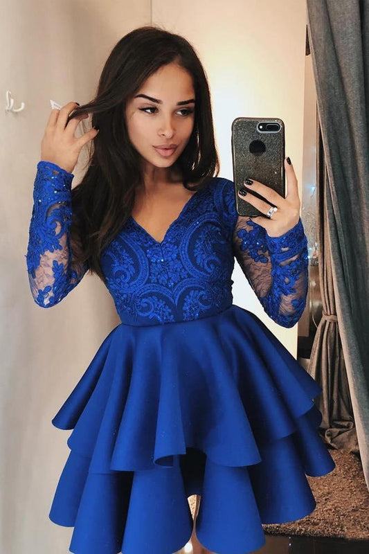 Vintage Long Sleeve Navy Blue V Neck Knee Length Homecoming Dresses with Lace WK855