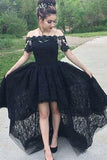 Vintage A-Line Off the Shoulder Black Lace High Low Short Sleeve Prom Homecoming Dresses WK80