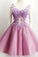 A Line V Neck Lace Appliques Lilac Short Beading Tulle Sleeveless Homecoming Dresses WK976