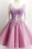 A Line V Neck Lace Appliques Lilac Short Beading Tulle Sleeveless Homecoming Dresses WK976
