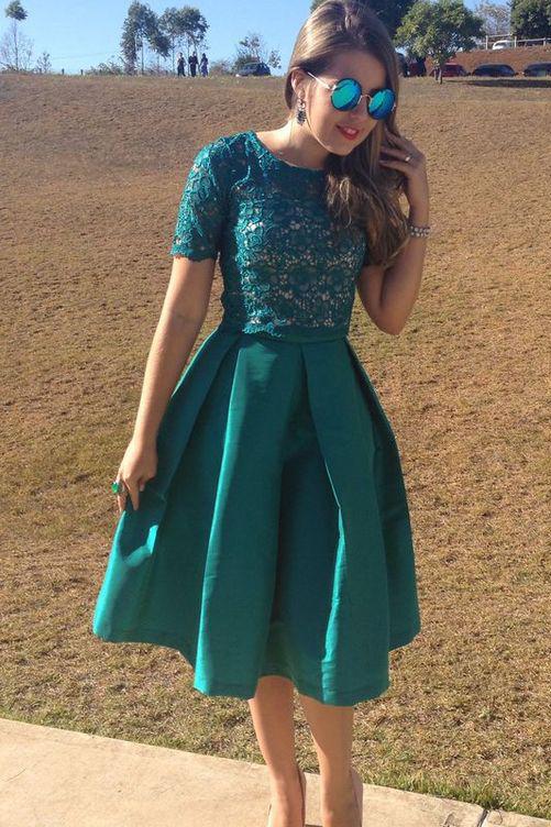 A Line Homecoming Dress Scoop Knee-length Hunter Green Lace Short Prom Dress WK928