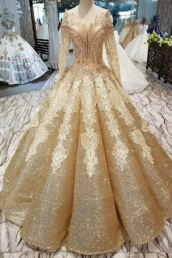 Ball Gown Gold Long Sleeves Lace Appliques Sequins Open Back Beads Quinceanera Dresses WK894