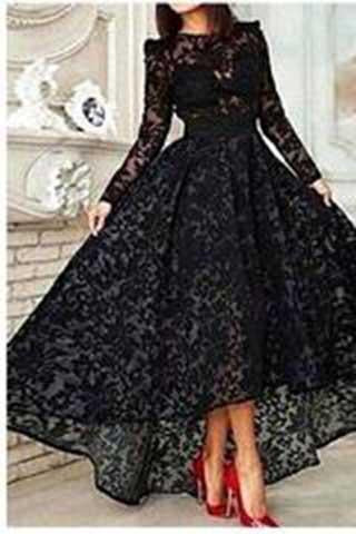 Elegant High Low Black Lace Long Sleeveless Cheap High Neck A-Line Prom Dresses WK828