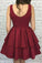 A Line V Neck Burgundy Short Open Back Prom Dress Sleeveless Homecoming Dresses WK755