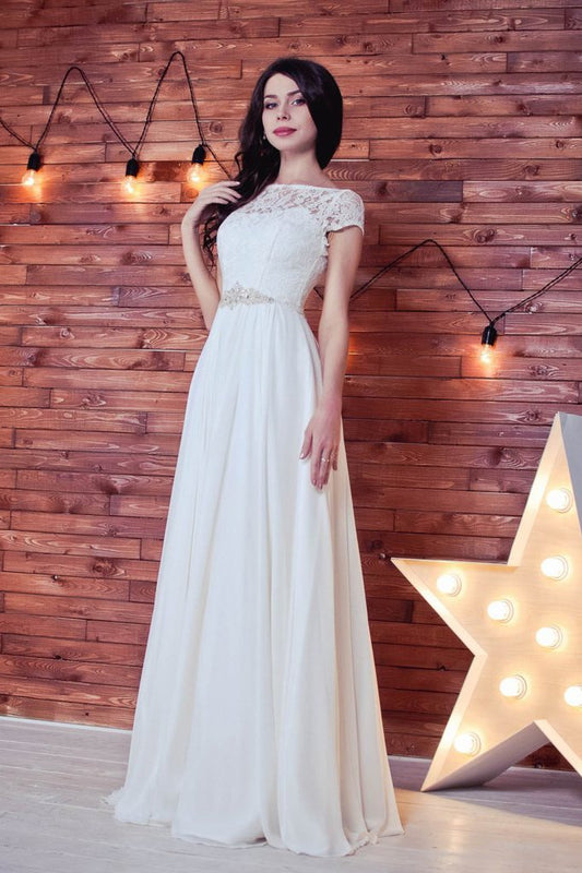Lace Romantic White Chiffon A-Line Floor-Length Bateau Short Sleeve Wedding Dress WK413