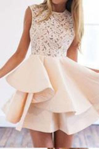 Beige Sheer Crochet Lace Panel Sleeveless Layered Skater Dress Cap Sleeve Prom Dresses WK870