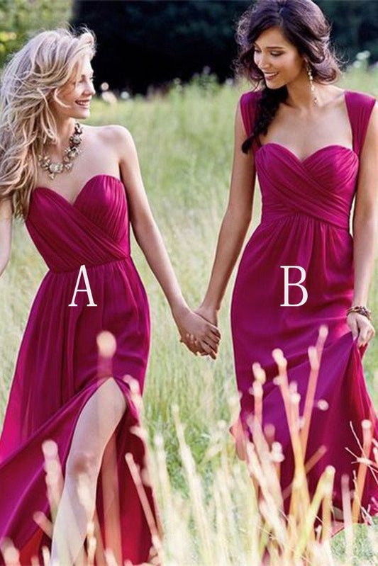 Red Cheap Chiffon Floor Length Side Split Long Sweetheart Sleeveless Bridesmaid Dress WK351