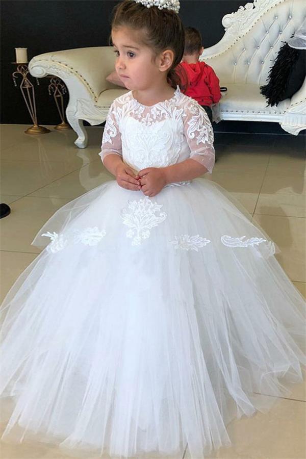 Round Neck Half Sleeves Tulle Lace Ball Gown Flower Girl Dresses