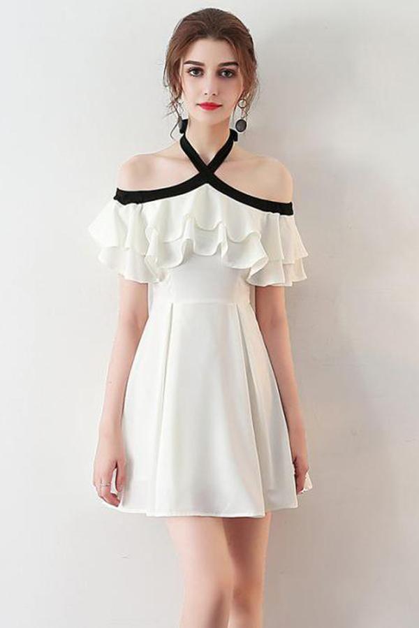 Chic Halter A Line Simple White Off the Shoulder Chiffon Cheap Short Homecoming Dress WK751