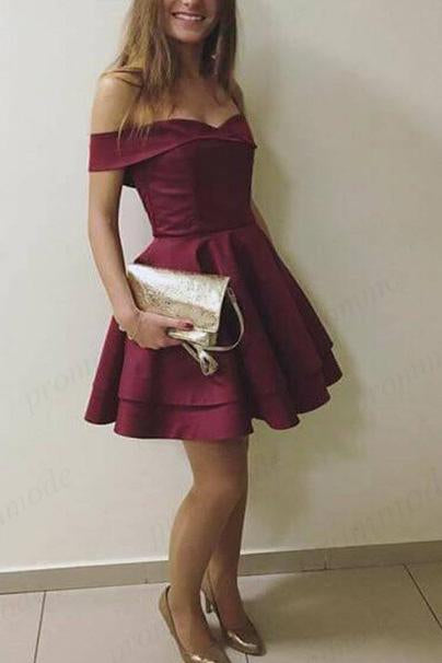 A Line Satin Burgundy Off the Shoulder Sweetheart Above Knee Homecoming Dresses WK926