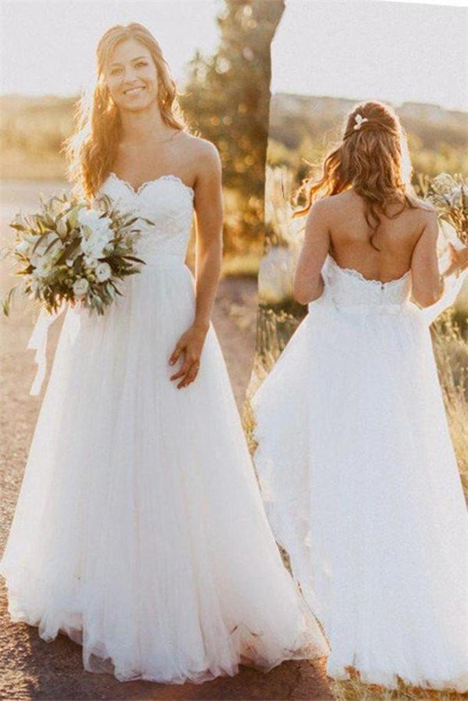 Charming Ivory Lace Tulle Open Back Sweetheart Wedding Dresses