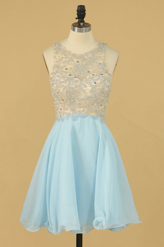 Open Back Scoop Tulle & Chiffon Homecoming Dresses Short/Mini With Beading