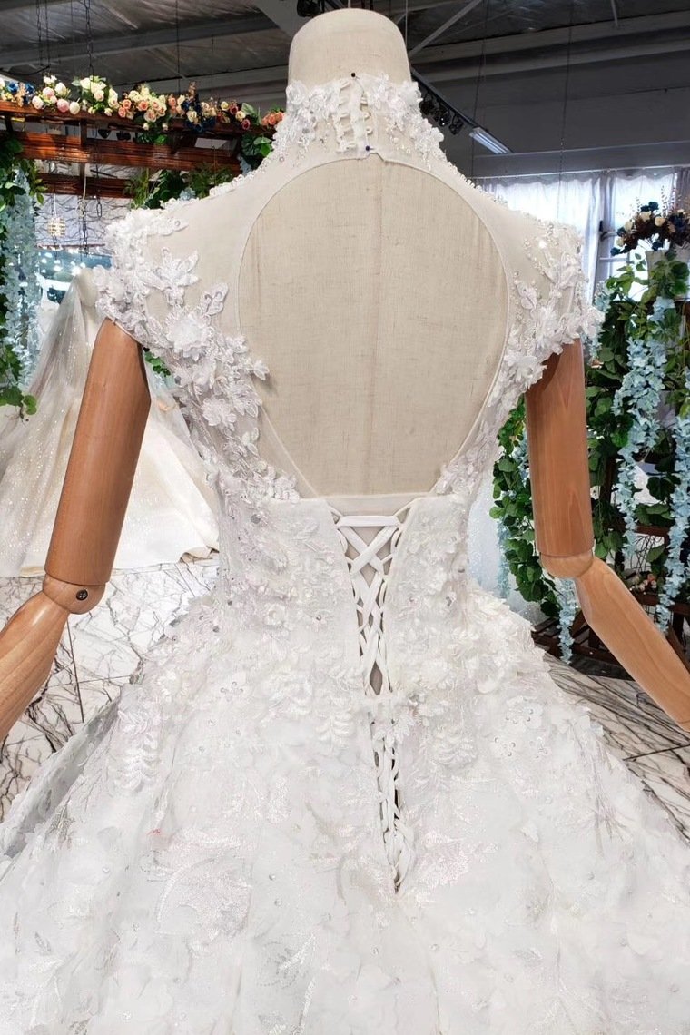 New Wedding Dresses Short Sleeves Ball Gown Lace Up Back With Applique&Beads