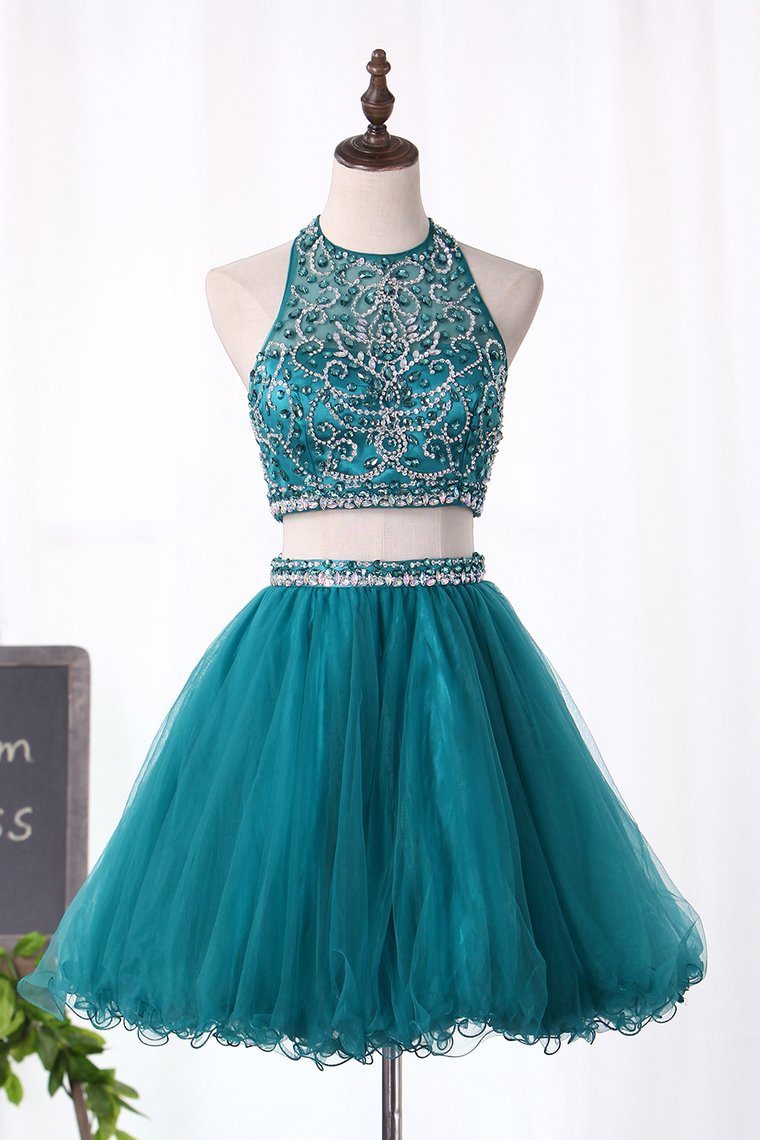 Halter Homecoming Dresses Two-Piece Beaded Bodice Tulle Short