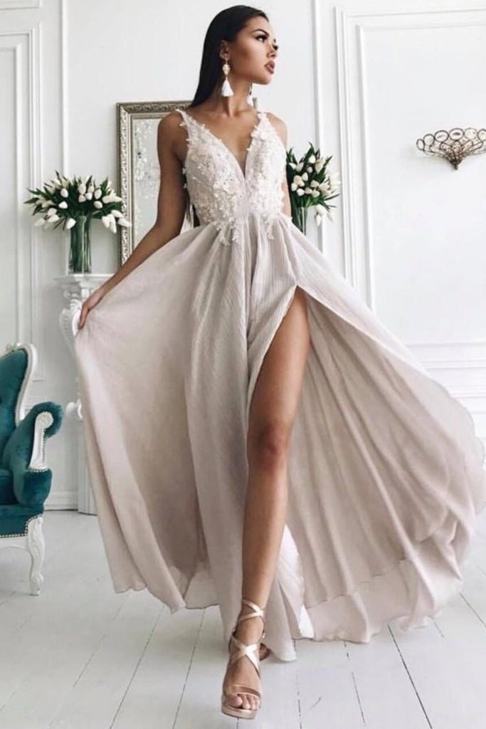 Flowy Front Split Long Ivory Lace V-Neck Prom Dresses Evening Dresses