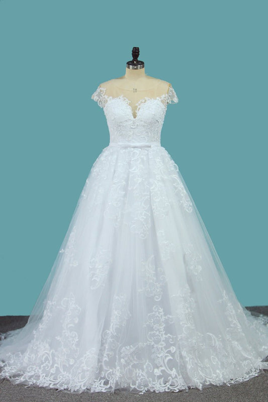 2024 A Line Lace Cap Sleeve Scoop Wedding Dresses With Beads Court Train