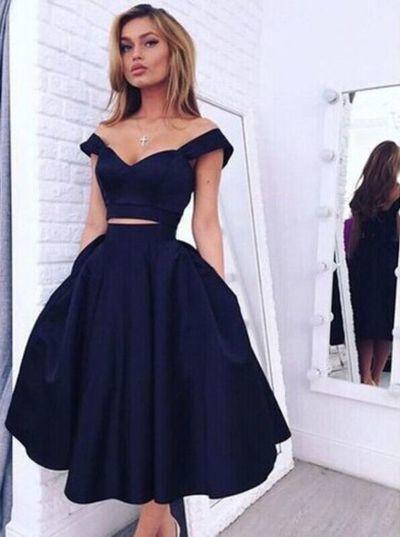 Vintage Style A-line Two-piece Off-the-shoulder A-line Dark Navy Homecoming Dress WK871