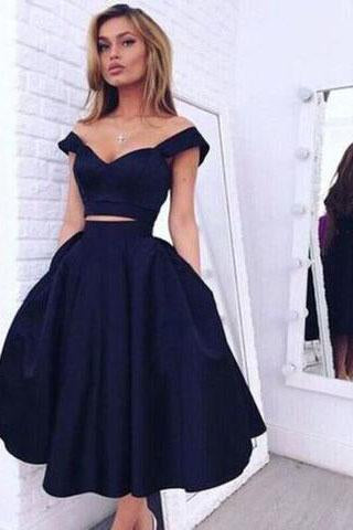 Vintage Style A-line Two-piece Off-the-shoulder A-line Dark Navy Homecoming Dress WK871