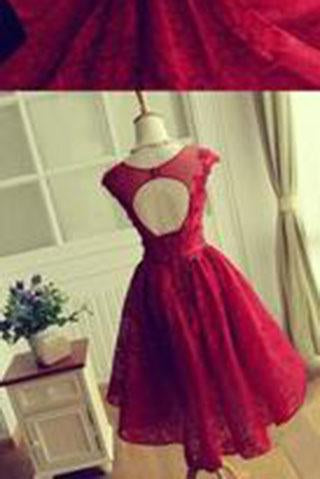 Red Lace Short Modest Appliques Sleeveless Open Back Pretty Homecoming Dresses WK246