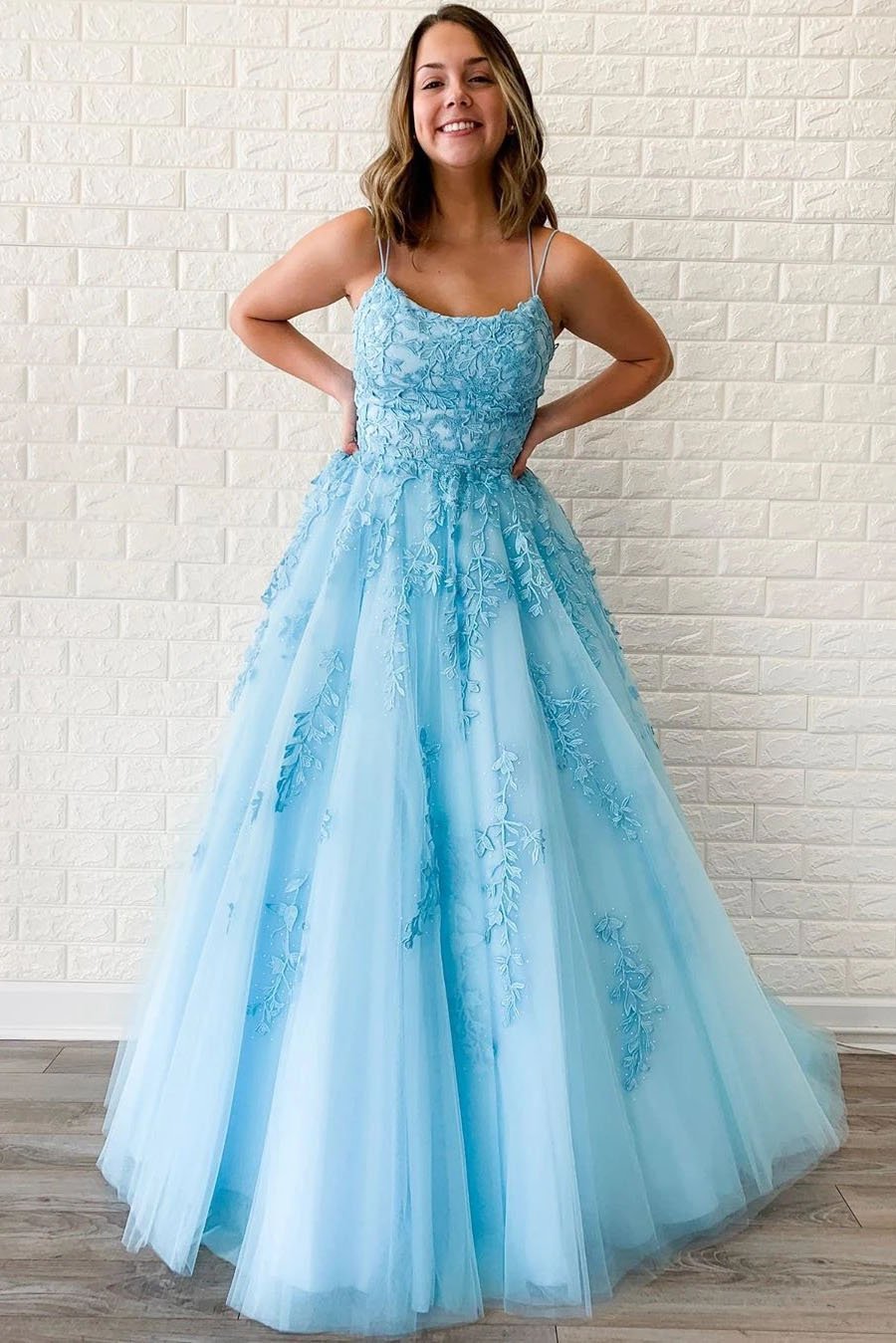 Unique A-Line Sky Blue Tulle Appliques Beads Scoop Prom Dresses with Lace SWK15681
