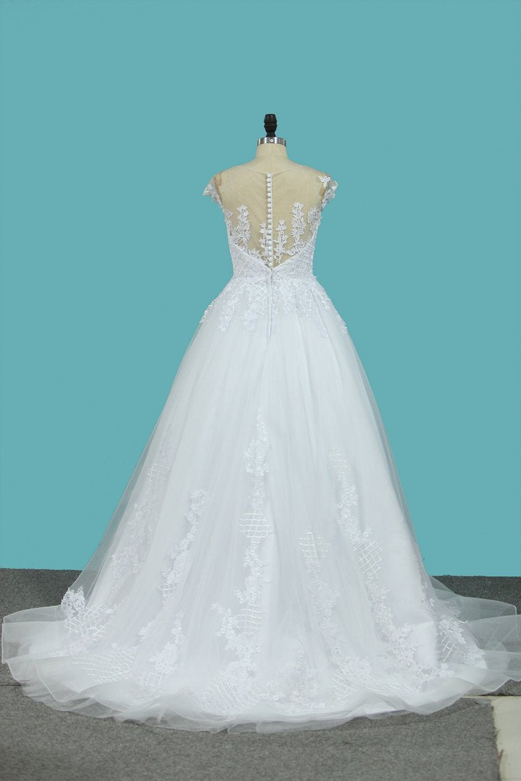 A Line Tulle Wedding Dresses Scoop Cap Sleeves With Applique Court Train