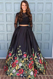 Pretty 2 Pieces Long Sleeves Open Back Black Lace Satin Prom Dresss