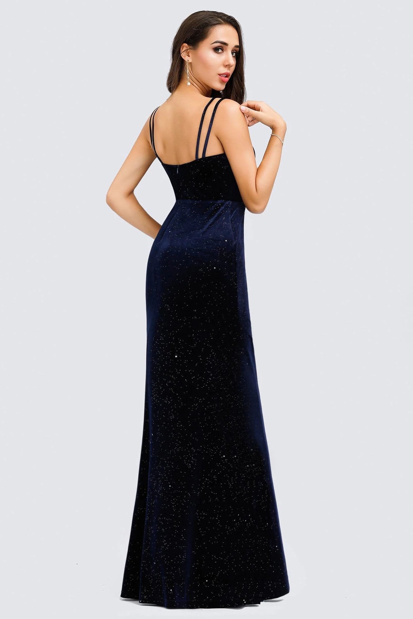 V-Neck Spaghetti Straps Velvet Dark Navy Blue Mermaid Evening Dress, Prom Dresses SWK15480