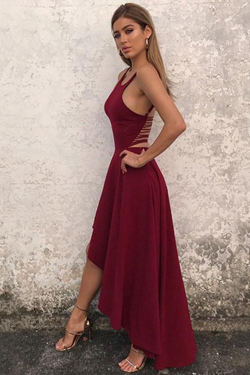 Unique A Line Burgundy High Low Sleeveless Backless Prom Dresses, Cheap Evening Dresses SWK15450