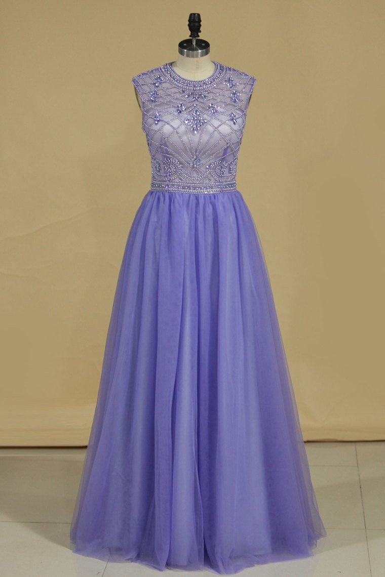 Scoop A Line Prom Dresses Tulle With Beading Open Back Floor Length