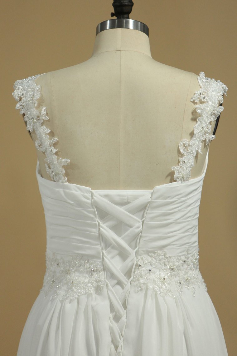 Chiffon Straps A Line Wedding Dresses With Applique And Beads Lace Up