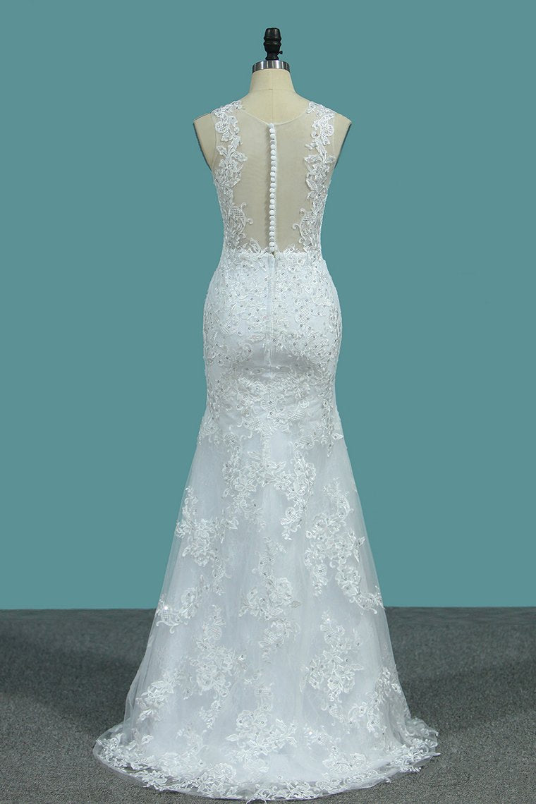 Scoop Tulle Mermaid With Applique Court Train Detachable Wedding Dresses