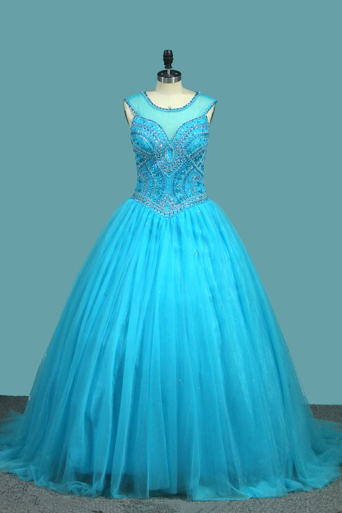 Ball Gown Tulle Scoop Quinceanera Dresses Beaded Bodice Court Train