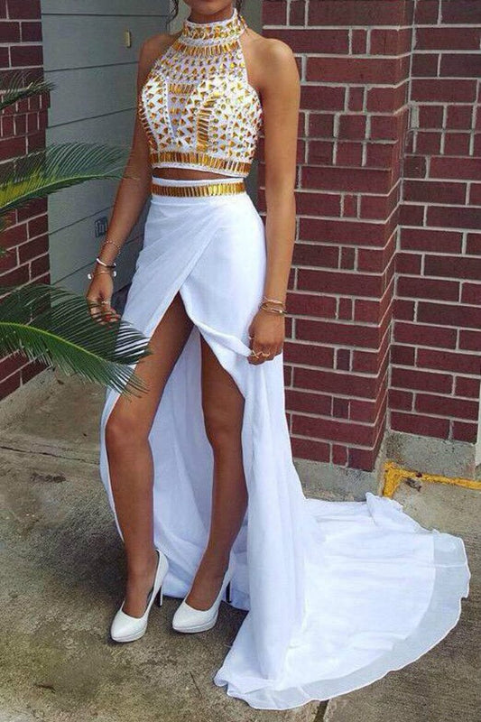 Two-Piece Prom Dresses High Neck With Beading Chiffon