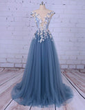 Beautiful Appliques V-Neck Tulle Beads Cap Sleeve Scoop A-line Long Evening Dresses WK861