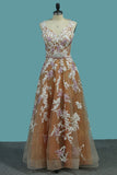 Prom Dresses Straps Tulle A Line With Applique And Beads Floor Length