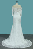 Lace Mermaid Boat Neck 3/4 Length Sleeves Wedding Dresses Sweep Train
