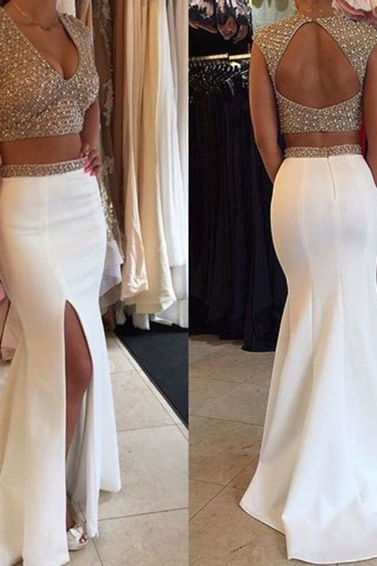 Two-Piece V-Neck Prom Dresses With Beads And Slit Spandex Zipper Up