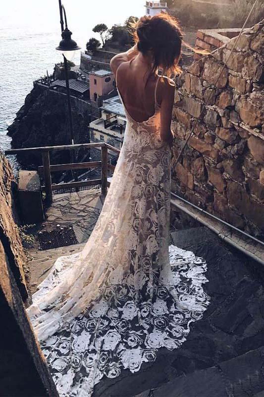 Rose Lace Sweetheart Boho Wedding Dresses Spaghetti Strap Beach Wedding Dresses WK381