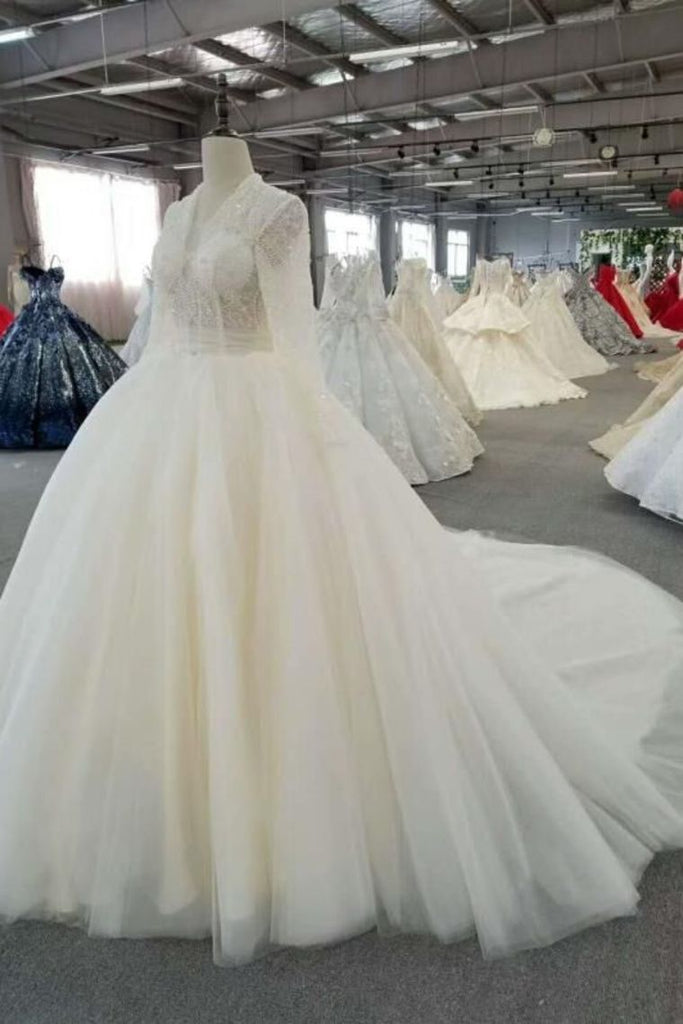 Ball Gown Wedding Dresses  High Neck Long Sleeves Royal Train Tulle With Beading