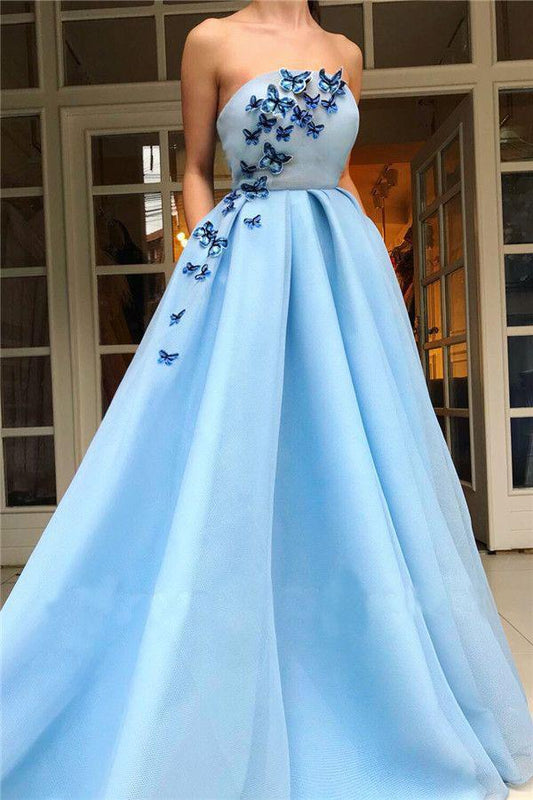 Unique A Line Blue Strapless Tulle Prom Dresses with Butterfly, Pockets Formal Dresses SWK15449