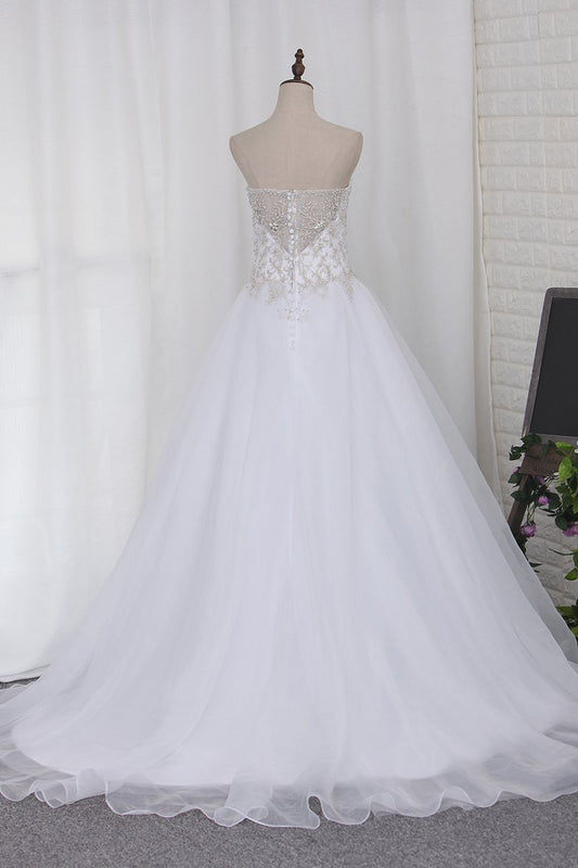 A Line Sweetheart Beaded Bodice Wedding Dresses Organza Court Train