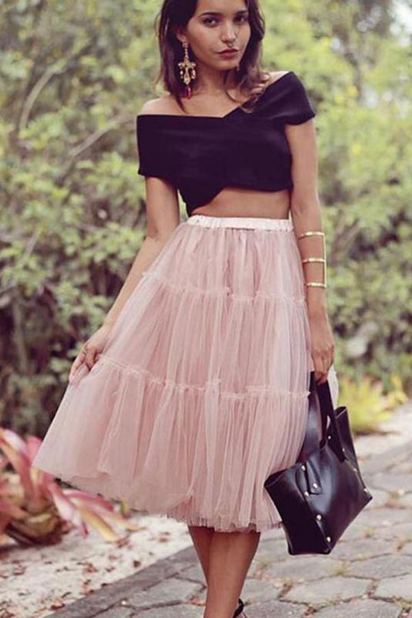 A Line Two Pieces Black and Pink Cheap Off the Shoulder Tulle Homecoming Dresses WK879