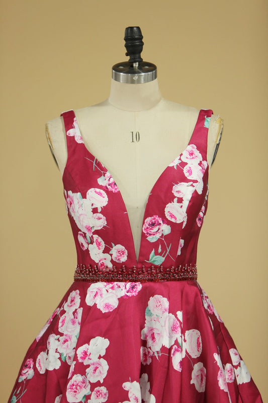 Homecoming Dresses V Neck A Line Short/Mini Satin Floral