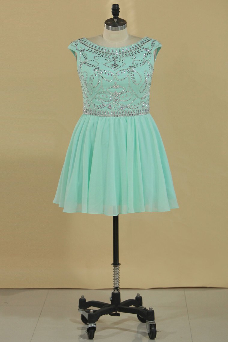 Homecoming Dresses Scoop Cap Sleeves Beaded Bodice A Line Chiffon