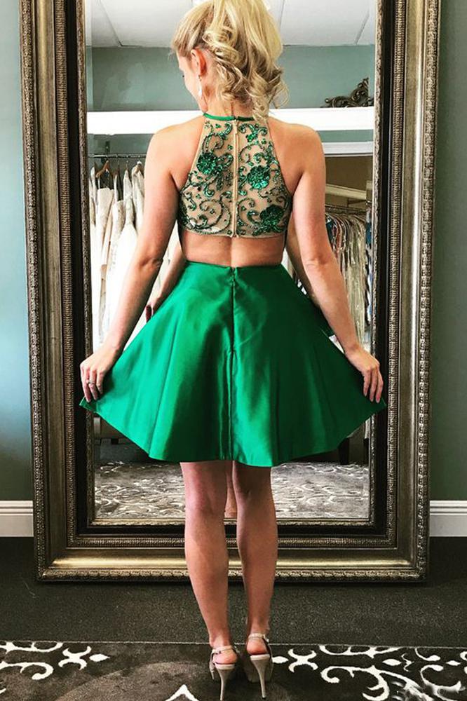 Cute A Line Halter Satin Green Open Back Short Homecoming Dresses with Beads WK951